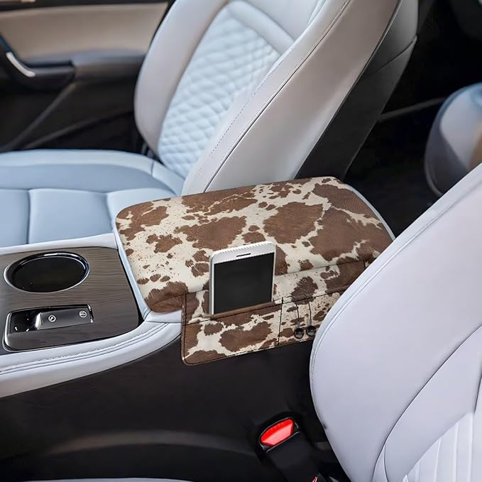 Wanyint Brown Beige Cow Print Car Center Console Pad Comfortable Armrest Box Protector Soft Hand Rest Pillow for Car Seat Organizer Arm Rest Cushion Protective Cover Automobile Decor