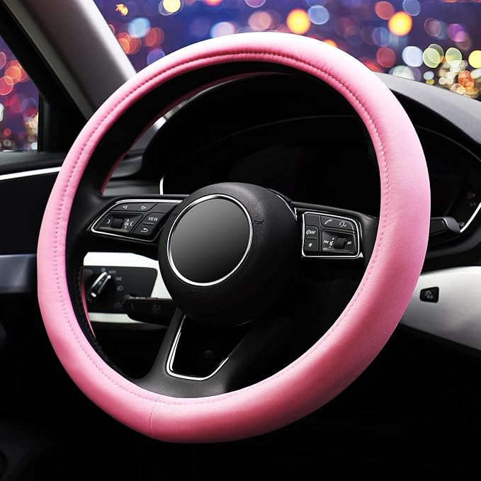 ZHOL Pink Steering Wheel Cover, Universal 15 inch Microfiber Breathable Ice Silk Anti-Slip Car Wheel Protector, Warm in Winter Cool in Summer