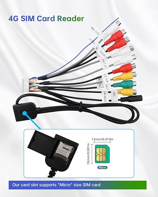 20Pin Android Car Stereo RCA Wiring Harness Adapter with 4G SIM Card Slot, Mic Jack, Audio Input/Output Cable, Compatible with Aftermarket Radio for External MIC, Micro SIM Card, Front Camera