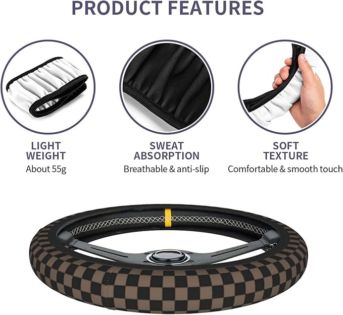 Checkered Black Brown Steering Wheel Cover Black Brown Checkered Steering Wheel Cover Anti-Slip Breathable Universal for 15 Inch Car with 2 Pieces Car Coasters Suitable