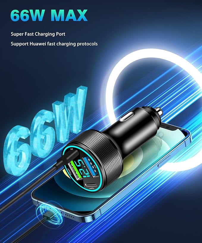 2 Packs of 66W USB C Car Charger 4 Port Car Charger Adapter with 30W PD, 3.1A Aluminium Alloy Car Cigarette Lighter USB Charger with LED Voltmeter Compatible with Phone 15 14 13