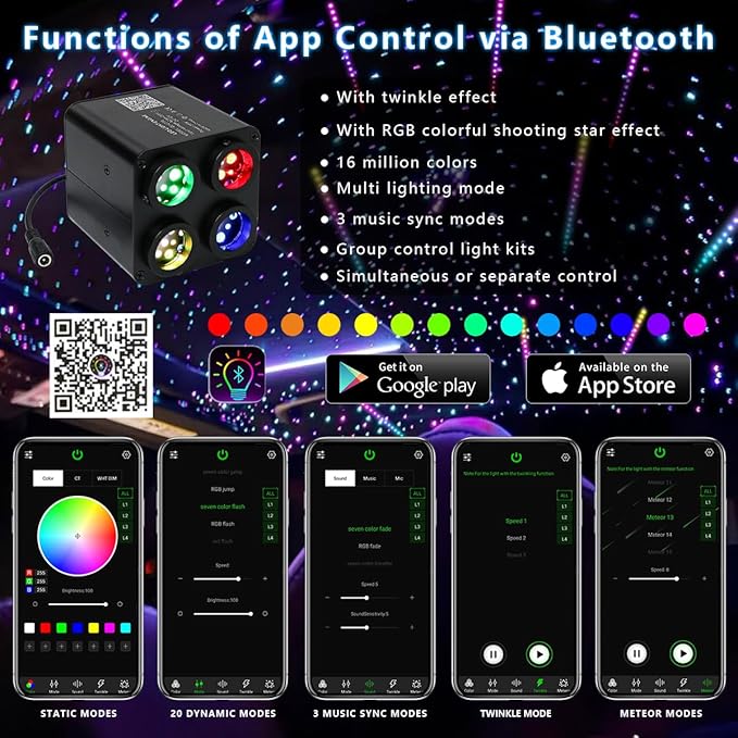 AKEPO 36W 4 Color Twinkle Fiber Optic Starlights Headliner Lights Kit, Optical Fibers Music Sync Bluetooth APP Control Starlight Kit, 2000pcs*13.1ft +240pcs Colorful Shooting Star