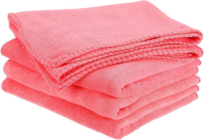 HARFINGTON 4 Pack Microfiber Cleaning Cloth, 30" x 14" Multi-Functional Cleaning Towels Reusable Absorbent Rags for Car Wash Kitchen Household Window Clean, Rose Red