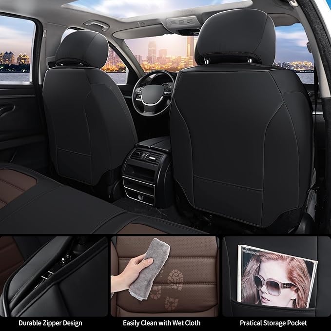 Front Car Seat Covers, 2Pcs Universal Leather Car Seat Covers, Full Coverage Waterproof Automotive Seat Covers, Breathable Car Seat Protector for Most Trucks SUVs Sedans, Black&Brown