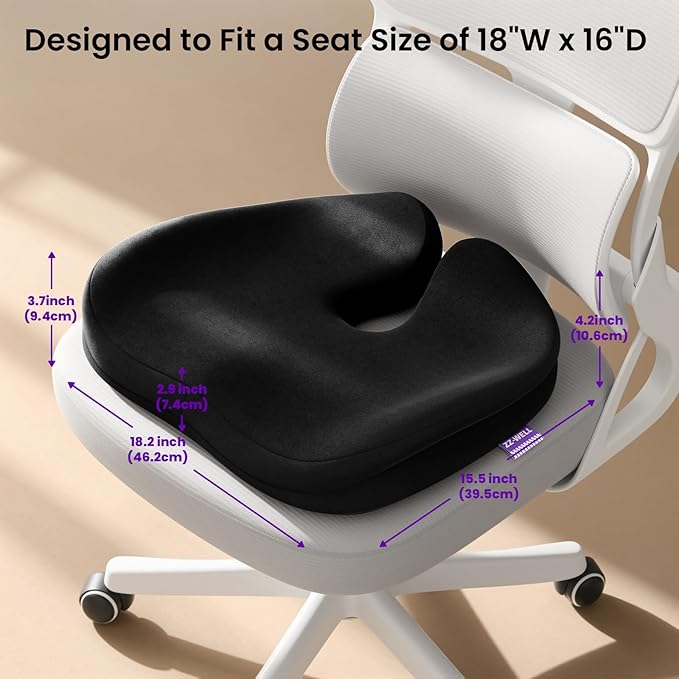 Seat Cushions for Office Chairs, Car Seat - Patented Coccyx Cushion for Tailbone Pain - Memory Foam Butt Cushion for Pressure Relief - Carry Handle & Non Slip Bottom (Black)