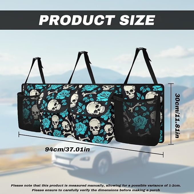 Skull Rose Pattern Car Trunk Organizer and Storage, Backseat Hanging Organizer for SUV, Truck, Collapsible Cargo Storage Bag with 4 Pockets, Car Interior Accessories