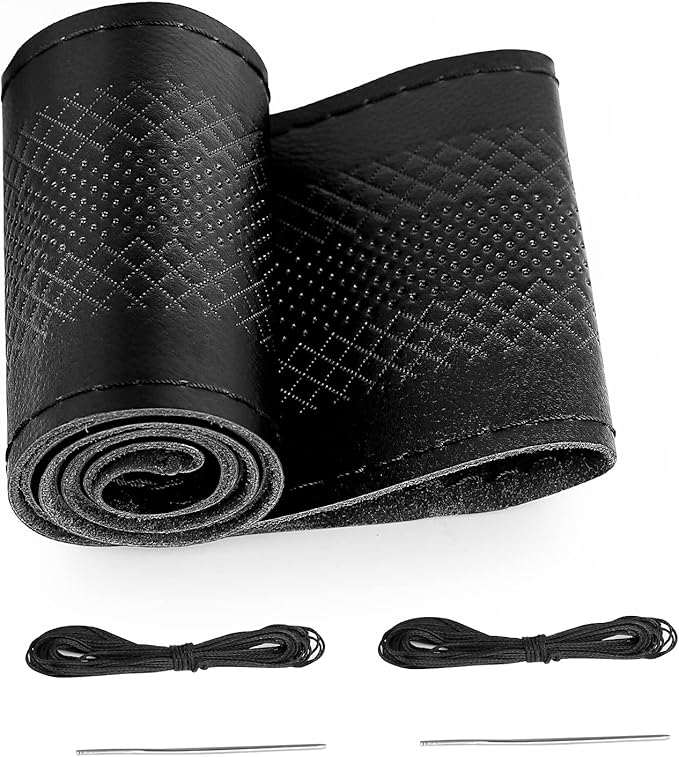 BELINOUS Leather Steering Wheel Cover Lace Up, Embossed Steering Wheel Wrap Fit for 13 3/4-16 Inch Car, Stitch on Wrap DIY w/Needle Thread (Size M2, Black)