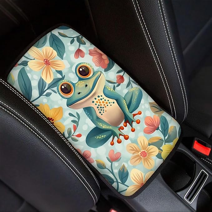 Auto Center Console Cover Pad for SUV,Truck,Car, Frog Floral Car Armrest Seat Box Cover, Auto Armrest Protector Car Accessories for Women Men