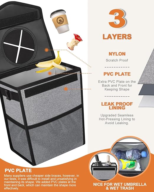 Pritent Car Trash Can with Lid, Cute Leakproof Car Trash Garbage Bag Hanging Vehicle Trash Bin Small Portable Automotive Garbage Cans Organizer for Back/Front Seat/Console(Trapezoid,Grey)
