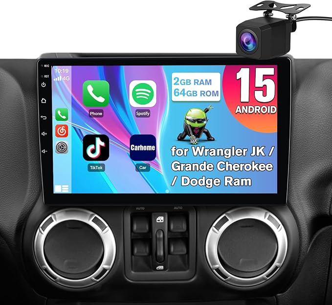 Doreon (2GB+64GB ROM) Car Stereo for Jeep Wrangler JK 2007-2018 Compass Grand Cherokee Dodge Ram 1500, 10.1" Android 15 Radio with Wireless CarPlay Android Auto WiFi GPS BT FM AM SWC Backup Camera