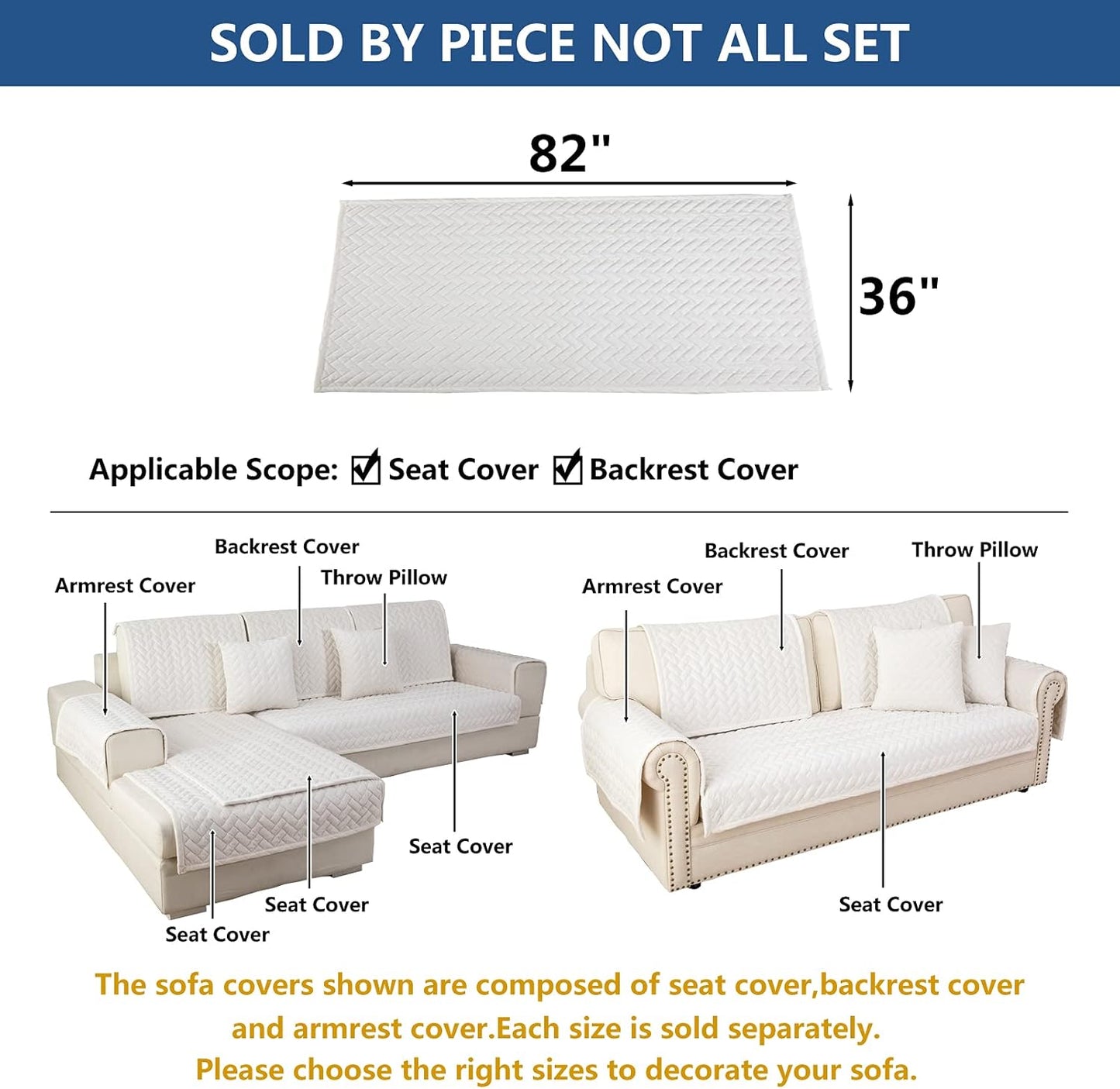 Eismodra Couch Cover,Sectional Couch Covers,Sofa Covers for 3 Cushion Couch,Anti-Slip Sofa Slipcovers for Dogs Cats Kids Loveseat Recliner L Shaped Armrest Backrest,White 36''x82''(Only 1 Piece)