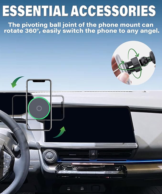 Car Phone Holder for 2023 2024 2025 2026 Toyota Prius Accessories 15W Fast Wireless Charger Screen Fixed Clip Cell Phone Mount Hands-Free 360 Degree Rotation (12.3 Inch)