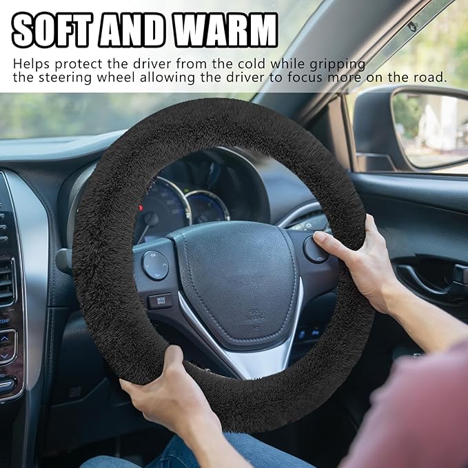 Wuyaoyao Fuzzy Car Steering Wheel Cover, 15'' Soft Auto Steering Wheel Protector for Warm Winter, Elastic Anti-Slip Fluffy Wheel Covers, Car Accessories for Women and Men (Black)