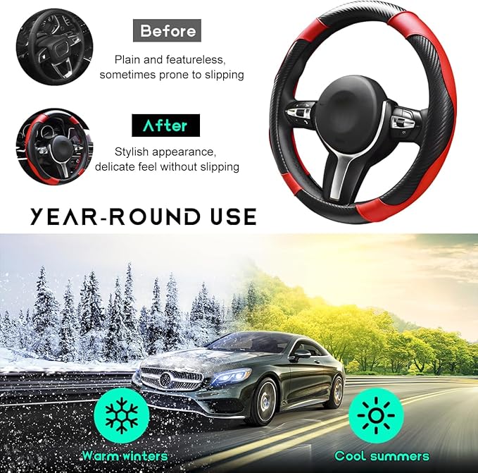 Car Steering Wheel Cover, 15 inch Carbon Fiber Microfiber Leather Elastic Steering Wheel Protector, Breathable Anti-Slip Comfortable Steering Wheel Covers for Most Cars (Black&Red)