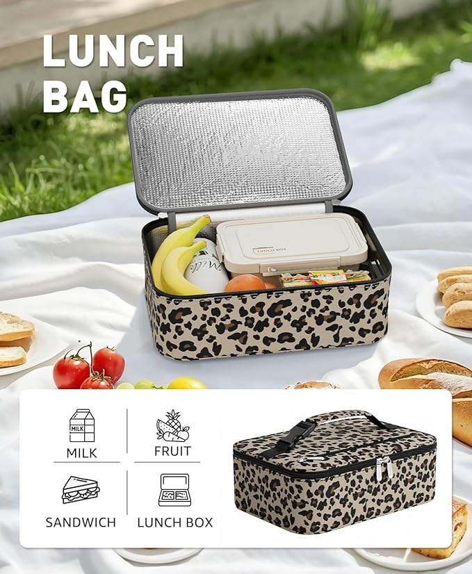 Small Lunch Box Insulated Lunch Bag for Women Men, Bento Kids Lunch Box, Compact Portable Thermal Meal Cooler Bags with Buckle Handle for Work & School, Leopard Print 5L