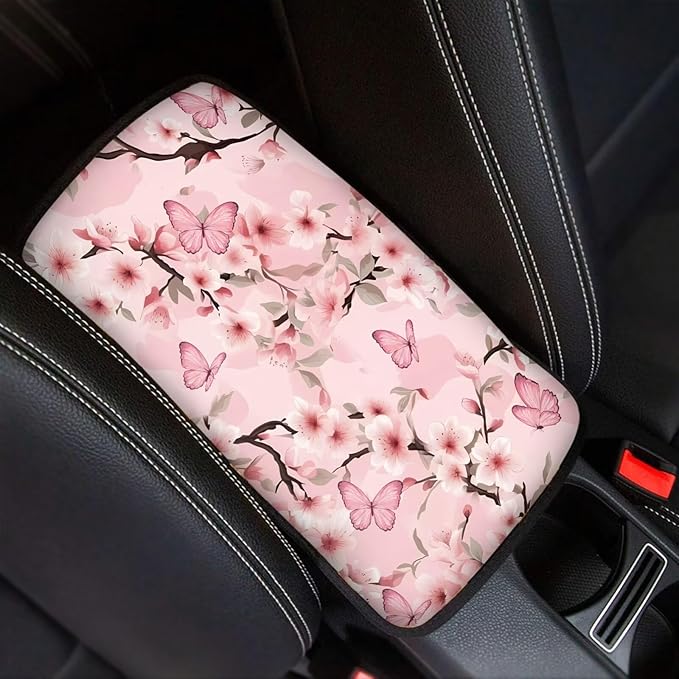 Cherry Blossom Butterfly Soft Armrest Seat Box Cover Car Armrest Cushion Car Decor Protective Car Accessories Fit for Most Cars, Vehicles, SUVs