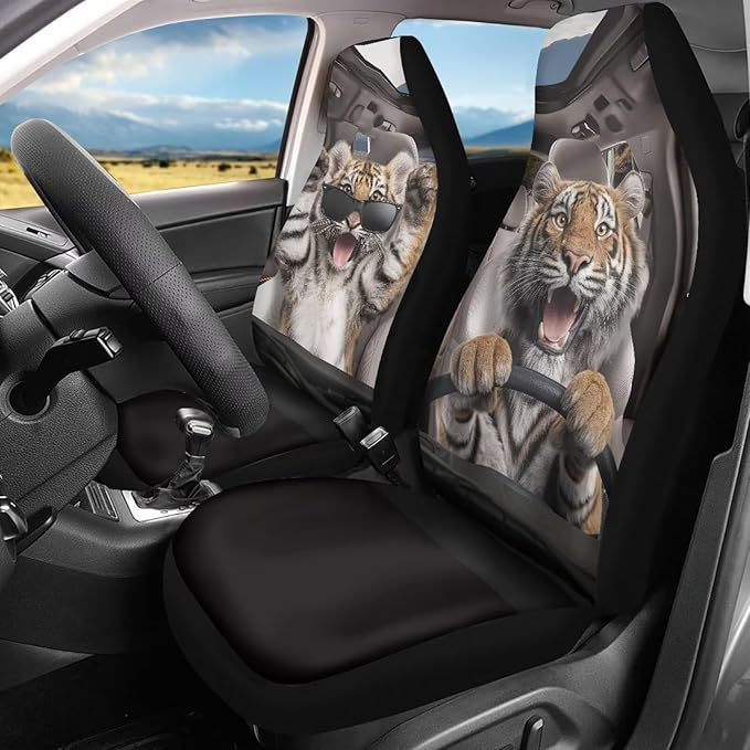 Funny Tiger Car Front Seat Cover Set Decorative Automotive Seat Cushion Covers Soft Front Bucket Seat Cover Fit Most Car Truck SUV Van for Men Women