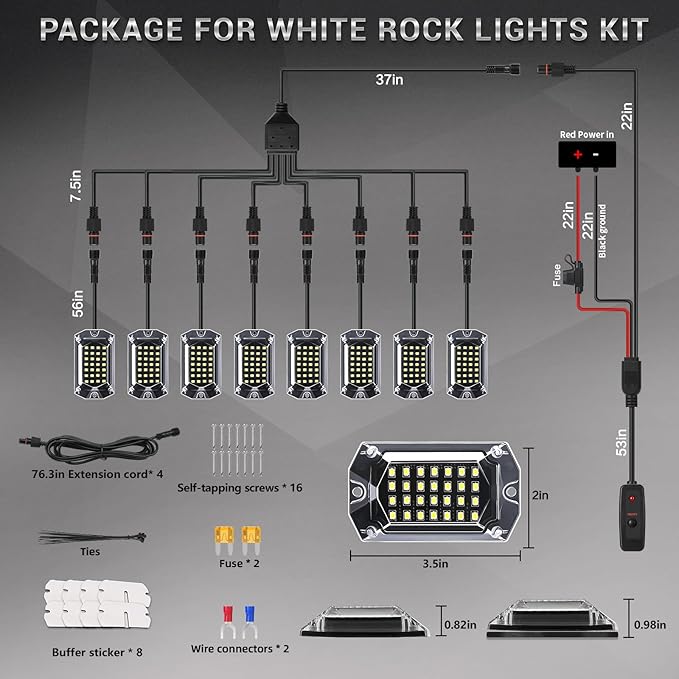 8 Pods Full Angle Pure White LED Rock Lights for Jeeps Truck Golf Cart ATV UTV RZR SUV Offroad Pickup, 6500K Super Bright Waterproof White Underglow Kit with Switch Wiring Harness Extension Wires