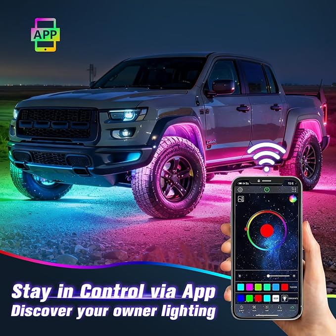 16 Pods RGB Rock Lights for Trucks - 5-Sided LED Underglow Lights with App & RF Remote Control, IP67 Waterproof Music Sync Neon Exterior Lighting Kit, No-Drill Universal Fit for SUV, ATV, Off-Road