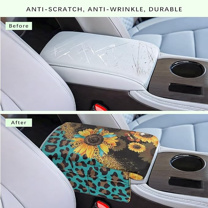 Wanyint Sunflower Leopard Print Blue Car Center Console Cover Comfortable Armrest Seat Box Pad with Organizer Pockets Anti-Scratch Arm Rest Pad Suitable for Most Cars, Vehicles, SUVs