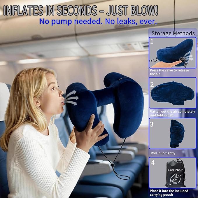 H-Shaped Travel Pillow with Snap-On Hood – Ergonomic Neck Support with Plush Velvet Cover, Instant Inflation & Compact Bag – for Airplane, Car, Office & Long Trips (Blue)