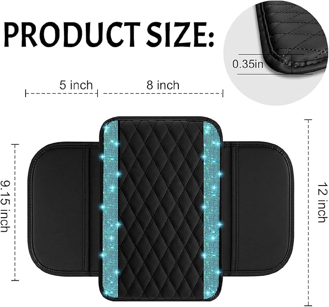 NBTEPEM Bling Car Center Console Cover, Leather Car Arm Rest Cover Cushion with 2 Storage Bags, Universal Auto Armrest Protector Storage Box, Bling Accessories Interior for Most Vehicles (Aquamarine)
