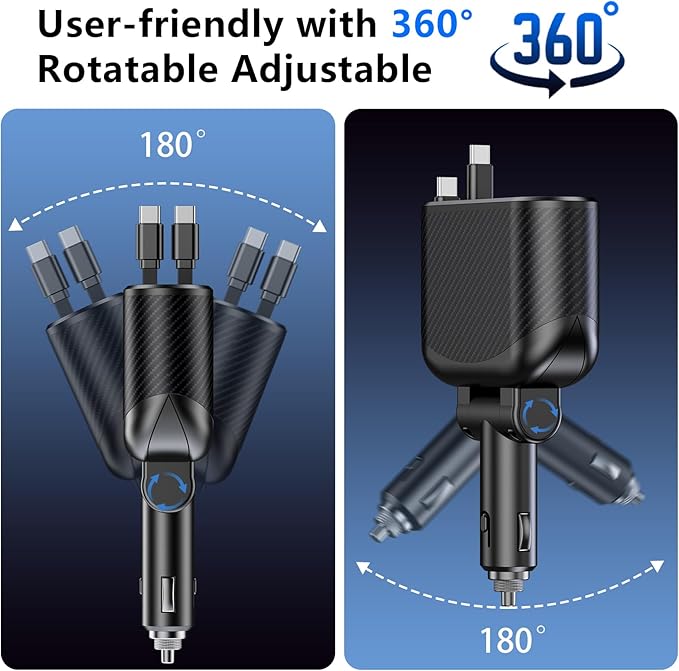 OHLPRO Retractable Car Charger Cigarette Lighter Adapter, 168W 5 in 1 Fast Phone Charging Built-in Replaceable Fuse, Socket Splitter with USB C and USB C Cord, Fit for Phone iPad Galaxy GPS, Grey