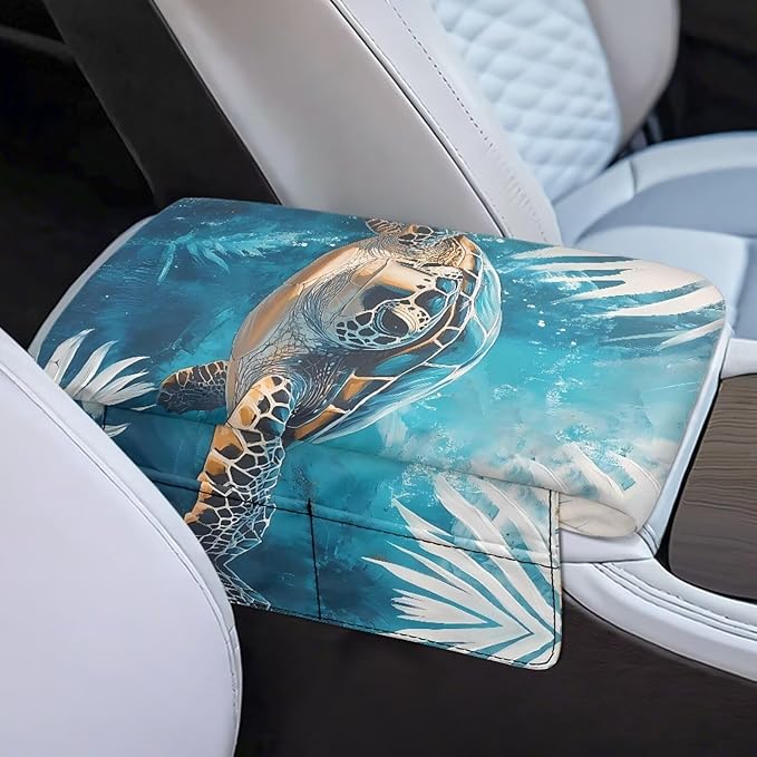 Center Console Armrest Cover for Car, Turtle Print Armrest Cushion Cover Pad with 4 Pockets, Car Accessories Fit for Sedan, Truck, SUV Soft Car Armrest Cover