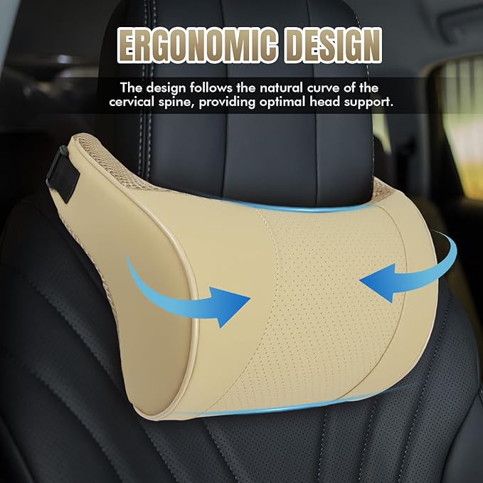 Car Neck Pillow with Memory Foam, Soft Comfortable Headrest Pillow for Driving, Ergonomic Design, Auto Seat Neck Support Pillows Head Rest Cushion with Breathable Leather Cover (Beige)