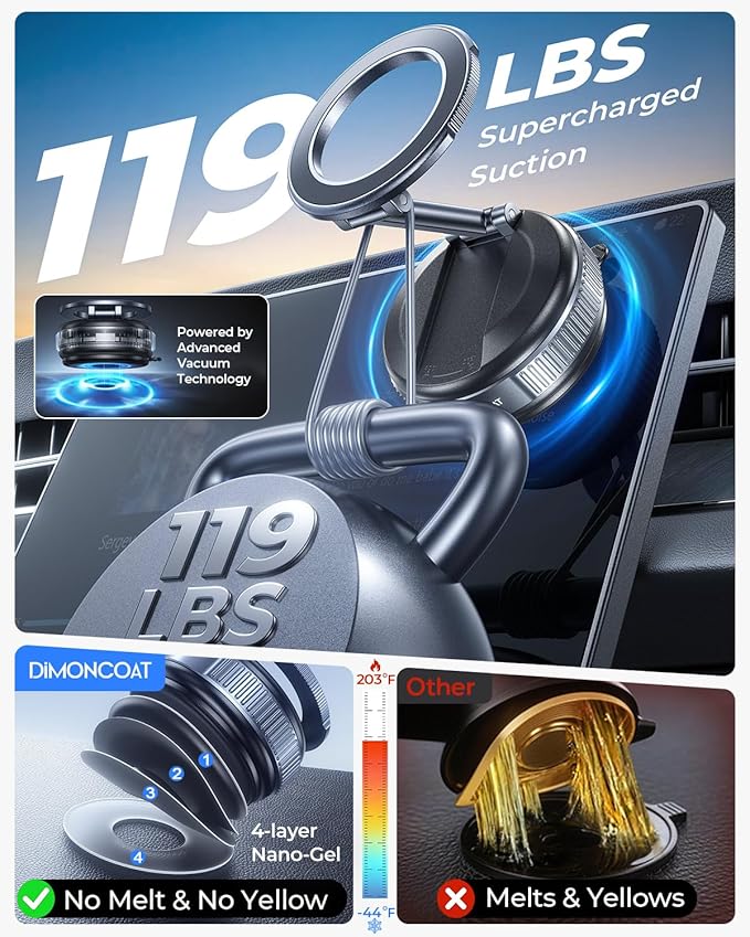 DIMONCOAT 2026 Upgraded Vacuum Magnetic Phone Holders for Your Car【119+LBS Strongest Suction】 for Magsafe Car Mount, 360° Adjustable Car Phone Holder Mount for iPhone 17 Pro Max Samsung Galaxy S26
