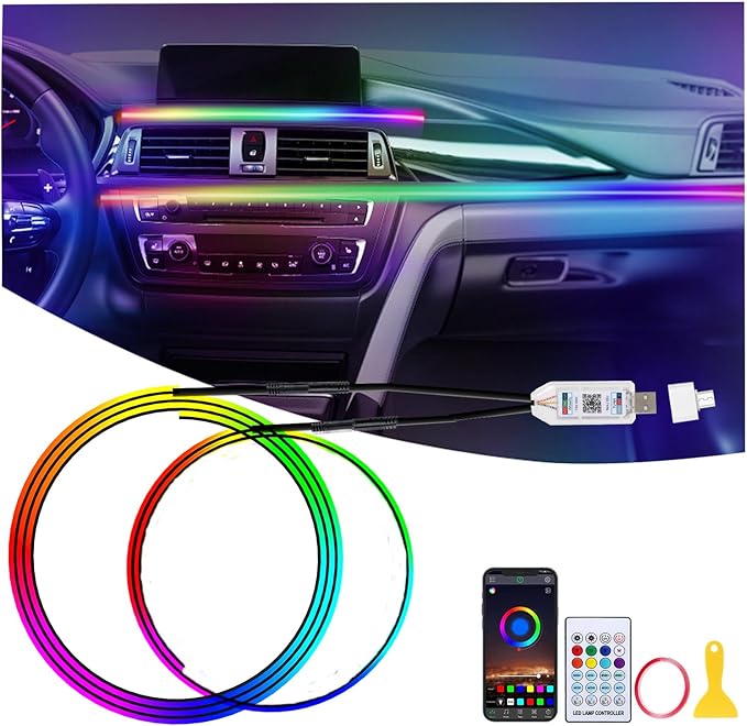 2 in 1 Acrylic Car LED Lights Interior, RGB Ambient Llighting Car Kit with 168 LEDs, 16 Million Colors, Music Sync, App & USB & Remote Dashboard Ambient Lighting for Car