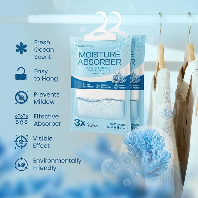 Moisture Absorbers and Humidity Absorber Bags for Closet - 10 Pack High-Efficiency Moisture Absorber and Humidity Packs for Home, Moisture Bags and Dehumidifier Bags for Car Ocean Scent, 10 Pack