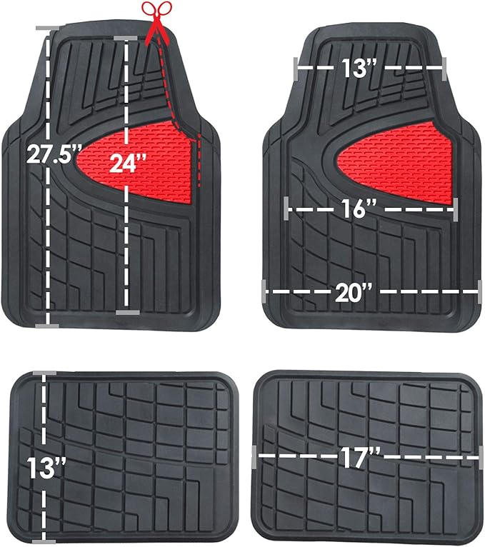 FH GROUP Car Seat Covers Premium Tall Channel Rubber Trimmable Floor Mats w. FH3001 Snake Pattern Silicone Steering Wheel Cover- Universal Fit for Trucks, SUVs, and Vans (Red/Black) F11311