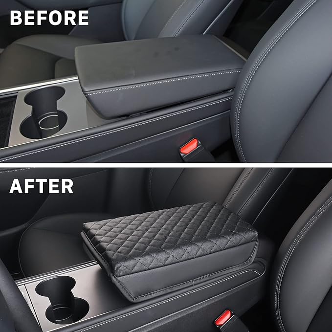 Carwiner Center Console Cover for 2021-2026 Tesla Model 3 Model Y, PU Leather Armrest Box Cushion Protector Accessories
