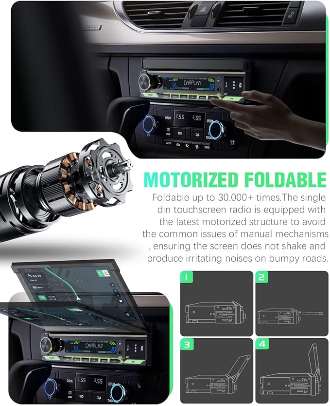 【SOOEMAKA】 Single Din Touchscreen Radio with Wireless CarPlay, 7 inch QLED Android Auto Screen for car,Motorized Flip Out Car Stereo Upgrade Fast Charging(QC/PD 3.0)/AM/FM/DSP/AHD (S7012)