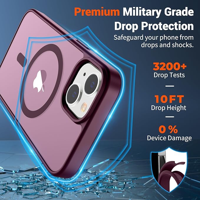 SUPFINE Magnetic for iPhone 15 Plus Case & iPhone 14 Plus Case(Compatible with MagSafe)(Military Grade Drop Protection) Slim Translucent Shockproof Phone Case,Wine Red