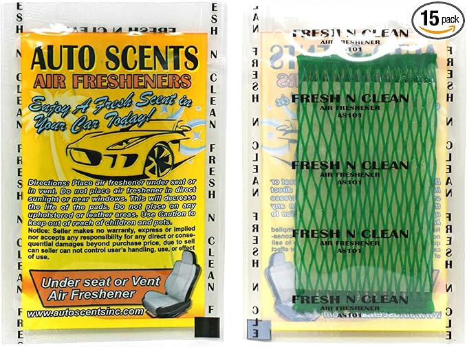 Individually Wrapped - Professional Car Air Freshener Pads - Remove Smells & Add Ambience (15 Per Pack) (Fresh N Clean)