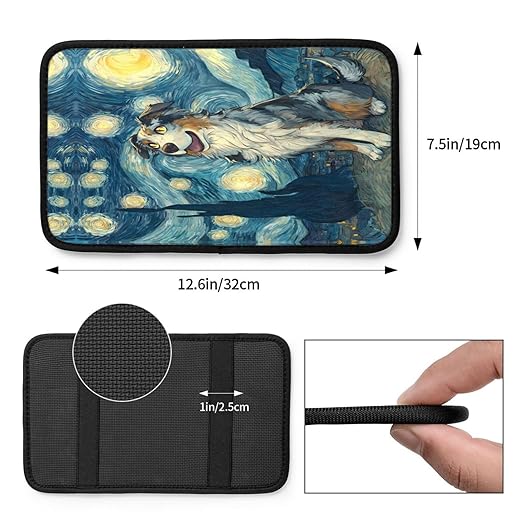 Starry Night Cute Blue and Brown Dog Car Auto Armrest Cushion Cover Accessories Center Console Seat Box Pad Protector Universal Decoration for Most Vehicle SUV Truck