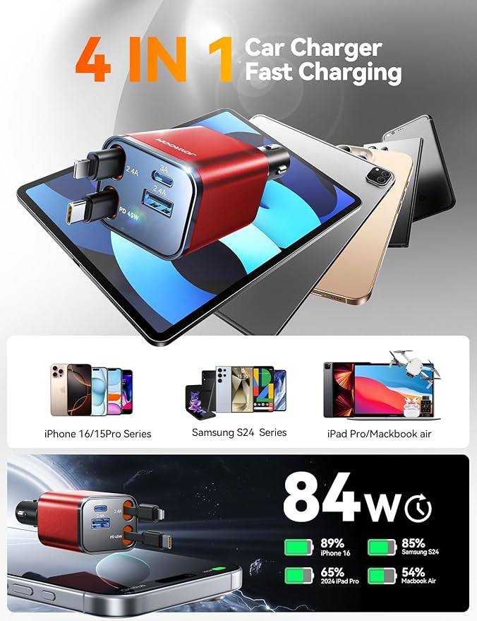 [2026 Ultra-Compact] JOYROOM Retractable Car Charger 84W Car Charger USB C for iPhone 16 17 Fast Charging, Car Accessories, Car Adapter Travel Essentials Gifts for Women Men, for iPhone 17 16 15 14 13