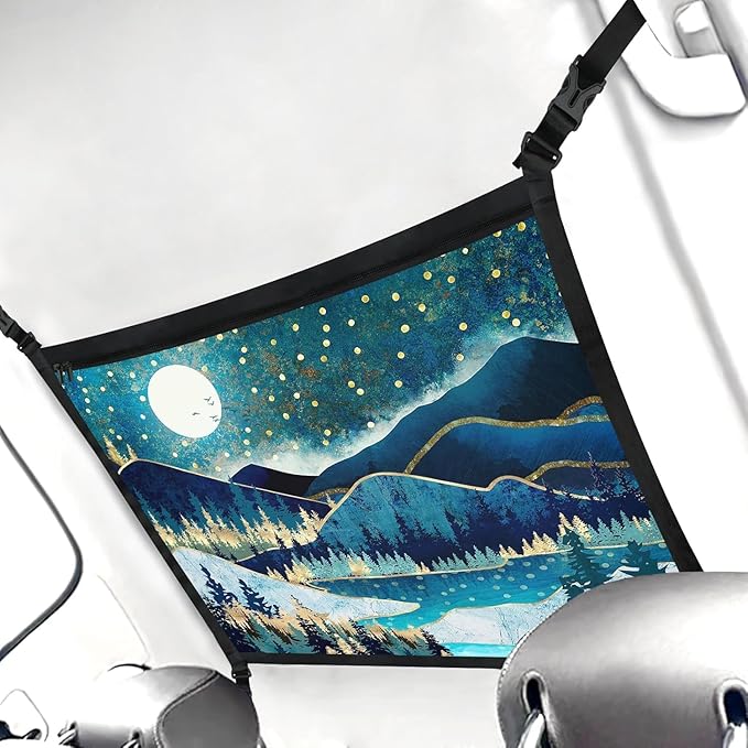 Moon Mountain Car Ceiling Cargo Net Pocket Hanging Storage Bag with Zipper 31.5"x21.6" Double-Layer Mesh Car Roof Storage Organizer Long Road Trip Truck SUV Travel Camping