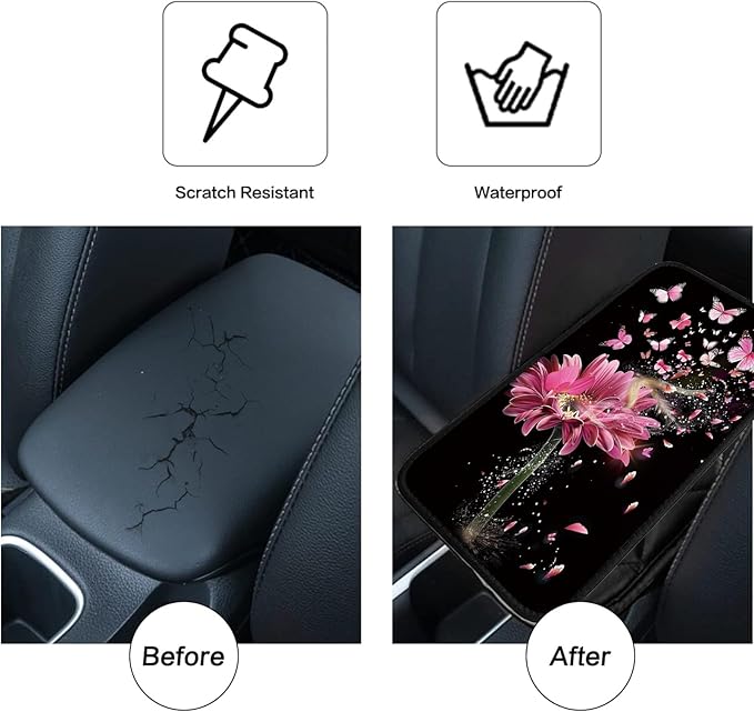 Car Armrest Cover Pads Universal Fashion Cute Auto Center Console Armrest Cover Pad with 2PCS Car Coasters Soft Waterproof Car Armrest Seat Protector for Women, Pink Gerbera Daisy Butterflies