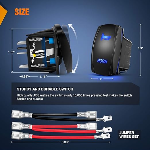 Nilight Horn Switch Momentary Laser Rocker Switch 5PIN On/Off LED Light 20A/12V 10A/24V Switch with Jumper Wires Set for Cars Jeeps Boats Trucks (90126B)