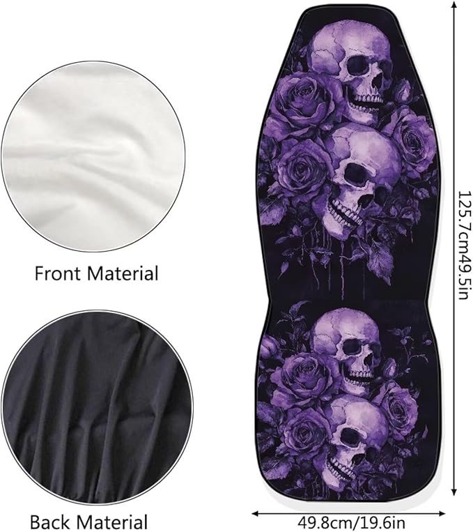 Purple Skull Rose Car Front Seat Covers Elastic Fabrics Universal Front Seat Cover Removable Automotive Accessories Easy Installation Suitable for Cars, SUV and Trucks