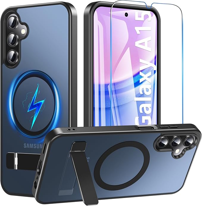 OWKEY for Samsung Galaxy A15 5G Phone Case with Screen Protector & Stand, Magnetic Case for Magsafe Military-Grade Protection Shockproof Matte Cover for Samsung Galaxy A15 5G (Black)