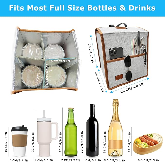 4 Cup Drink Carrier with Handle, Reusable Insulated Cooler Drink Caddy for Car Cup Holder, Foldable Coffee Carrier Bag with Adjustable Dividers, Portable for Car, Travel, Picnic Party, Food Delivery