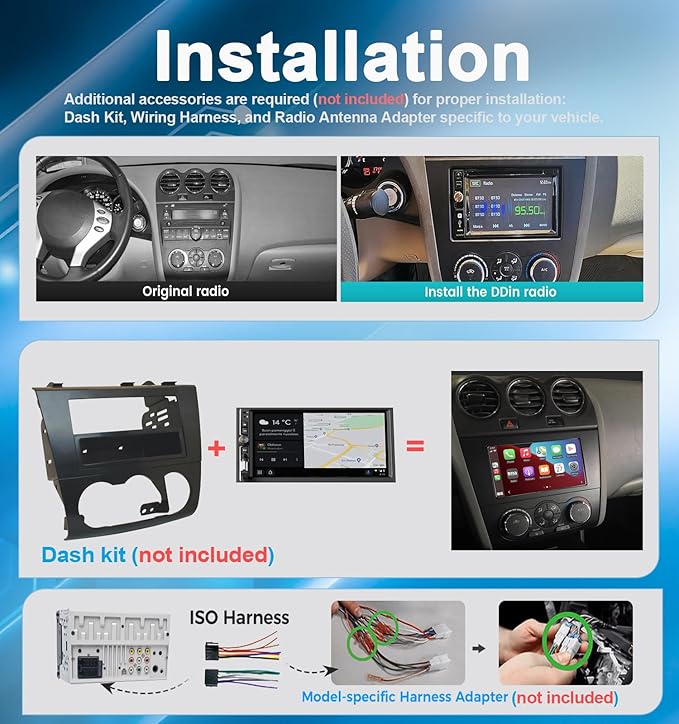 Double Din Car Stereo with Wireless Apple CarPlay & Android Auto 7" IPS Screen, Car Play Radio Audio, 240W, Bluetooth, AHD Backup Camera, USB-C Fast Charging, 16-Band EQ, SWC, MirrorLink