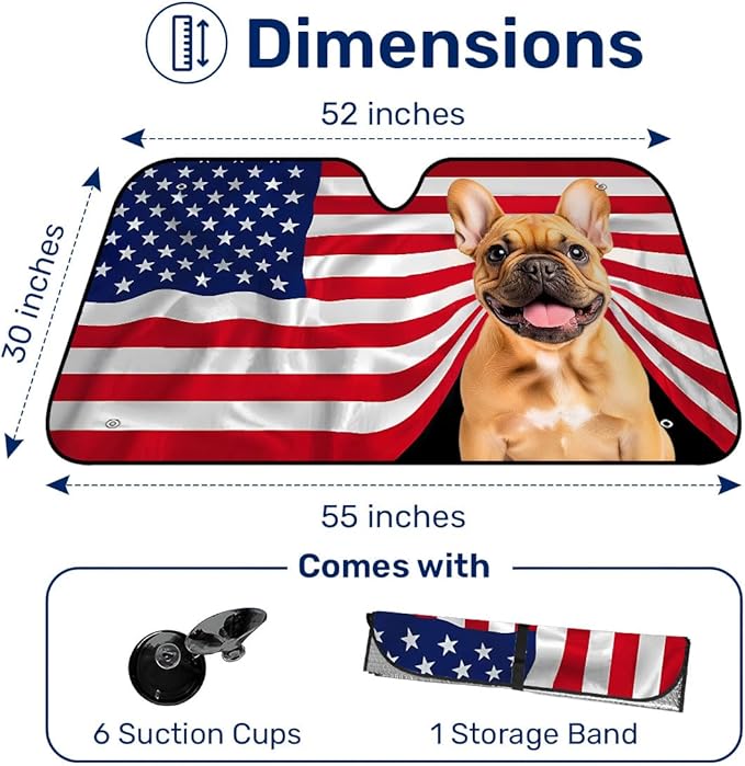 GENANY French Bulldog Flag Windshield Sun Shade for Car SUV Truck (55x30 Inches), Sun Shade Windshield for Front Windows, Protector Blocks, Car Decor