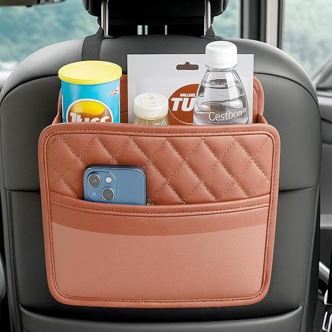 Mandark Car Seat Back Organizer, PU Leather Automotive Backseat Hanging Storage Pocket, Multipurpose Vehicle Travel Essentials Accessories for Kids & Adults, Universal for Most Cars (Orange)