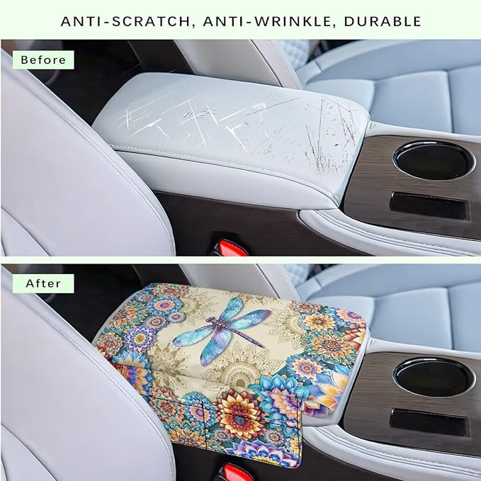 Dreaweet Boho Dragonfly Car Center Console Cover Thick Comfortable Console Console Armrest Pad Universal Arm Rest Cover for Car SUV Truck Sedan Armrest Storage Box Cover Pad