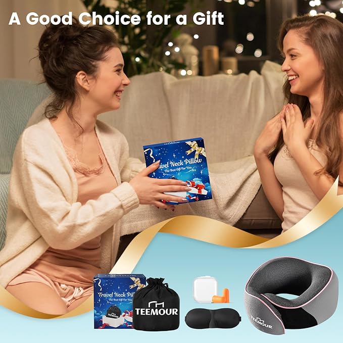 Teemour Travel Neck Pillow Airplane- Upgraded Memory Foam Neck Pillow for Airplanes 360° Support Desing, with Eye Mask & Earplugs, Portable Carry Bag for Long Flights, Business Trip|Travel Essentials